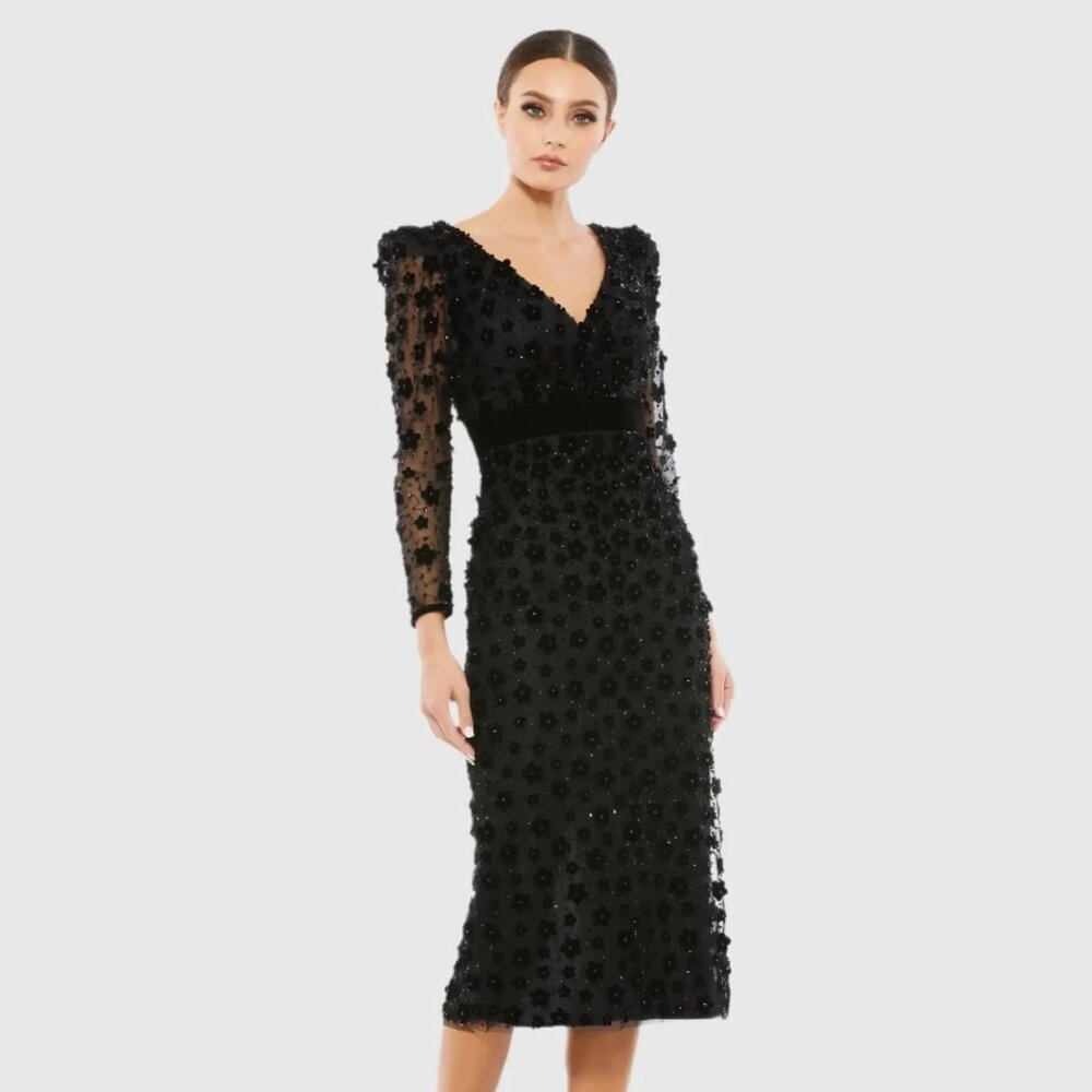 Black Embellished V Neck Illusion Long Sleeve Sheath Dress